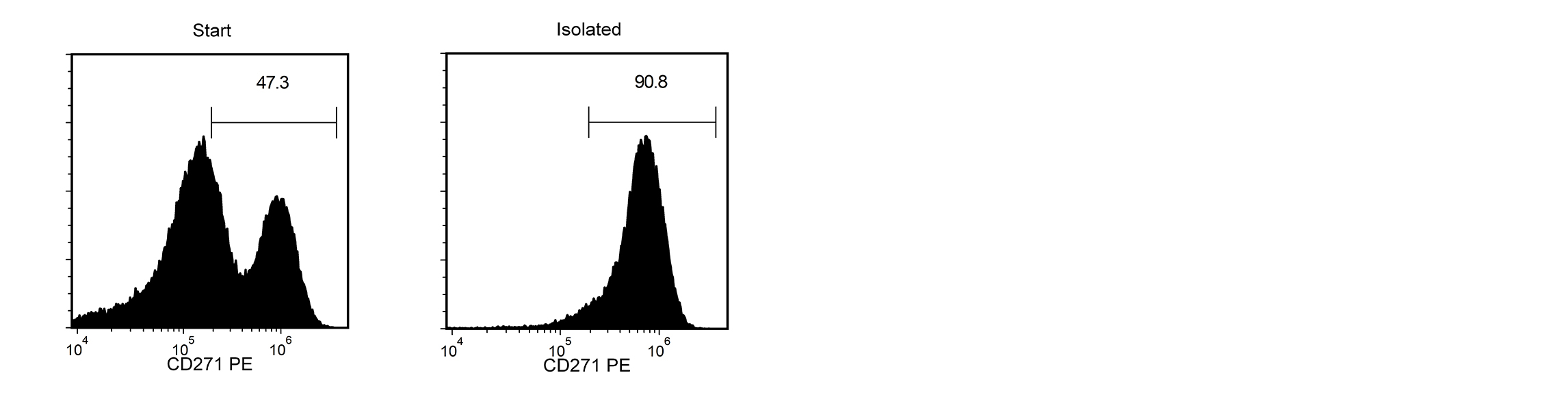 A H7 cell-derived cell suspension assessed for CD271-PE. The the start and final isolated fractions are 47.3% and 90.8% pure.